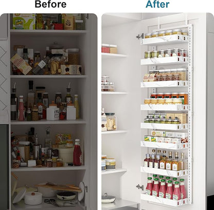BUKFEN 8-Tier Over the Door Pantry Organizer, 2-in-1 Door Hanging or Wall Mounted Spice Rack, Heavy Duty Metal Storage Shelves with Adjustable Baskets for Kitchen Bathroom Closet