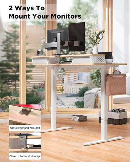 FiCiHi Standing Desk with Drawers, C-Clamp Mount Compatible, 55x24 Inch Electric Adjustable Height Computer Stand Up Desks, Home Office Sit Stand Table with 3 Preset Heights & 2 Hooks, Natural