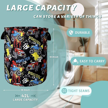Funny Cars Printed Laundry Basket Foldable With Handles Tote Bag Oxford Cloth Colorful Laundry Hamper Clothes Storage Bucket Toy Organizer 18.9"x16.5"For Bathroom/Laundry/Bedroom