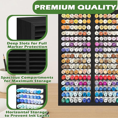 PROLEE Marker Storage Organizer for 224 Markers,Wooden Alcohol Marker Holder with 32 Slots,Markers Pens Pencils Art Supply Storage Rack for Desk Home Classroom Office Decor (Black, 15“x11”x5.2 “)