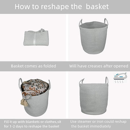 Cotton Rope Laundry Basket Hamper for Clothes Woven Storage Basket for Living Room Bedroom Boho Tall Rope Baskets for Blanket Toys Pillow Towels Baby Nursery Hamper Bin Large light grey