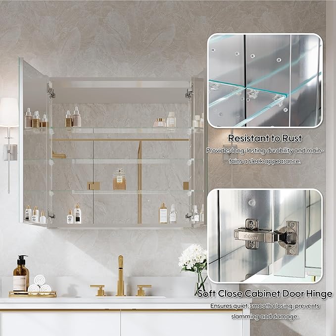 WELLFOR 30" x 30" Bathroom Medicine Cabinet, Anodized Chrome Aluminum Frame, Medicine Cabinet with Adjustable Glass Shelves, Bathroom Mirrored Cabinet, Surface or Recessed Mount, Double Doors
