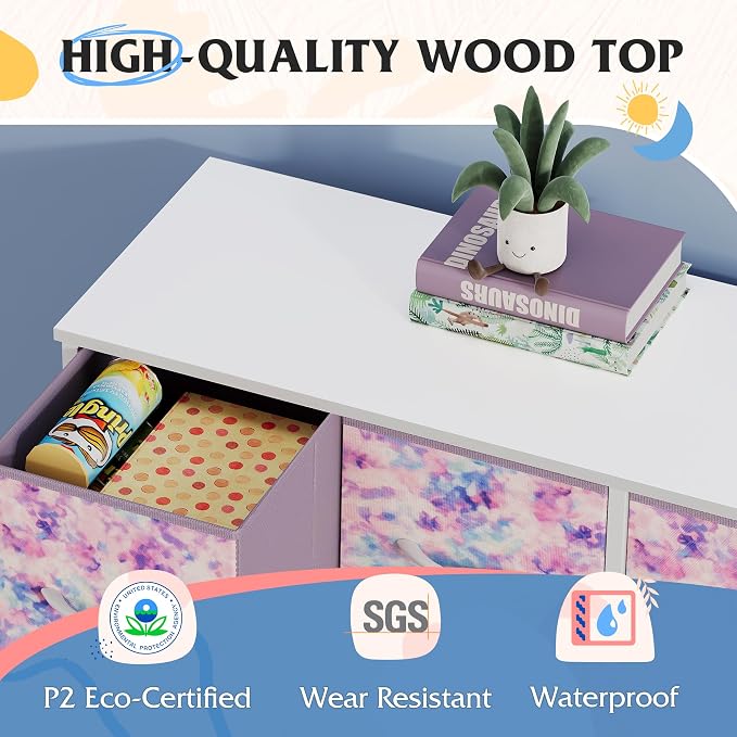WLIVE Dresser for Bedroom with 8 Drawers, Wide Fabric Dresser for Storage and Organization, Bedroom Dressers, Chest of Drawers for Living Room, Closet, Hallway, Tie-dye Print (Pink, Purple, Blue)
