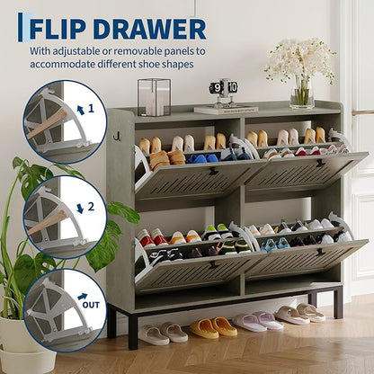 Garvee 4 Flip Drawer Shoe Cabinet with Adjustable Shelves, Hidden Shoe Organizer with Large Capacity, Freestanding Wooden Shoe Rack for Entryway, Hallway, Living Room, Washed Gray
