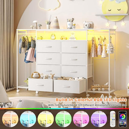 59.1" W Dresser for Bedroom with Hanging Rack, 8 Drawer Dresser with LED Lights & Charging Station, Fabric Dressers with Portable Wheels,Metal Frame, Wooden Top (White)
