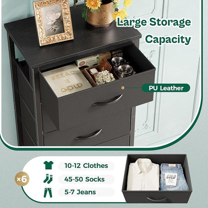 Huuger Tall Dresser for Bedroom, Stable 6 Drawer Dresser with Anti-Tip Device, PU Leather & Fabric Drawers, Tall Nightstand for Closet, Nursery, Storage Tower for College Dorm High Beds, Black