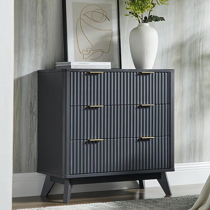 T4TREAM Fluted 3 Drawers Nightstand, Oversized Extra Large Modern Side Table with Faux Marble Top, End Table Bedside for Bedroom, Living Room, Curved Profile Design, Dark Grey