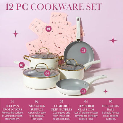 Paris Hilton Epic Nonstick Pots and Pans Set, Multi-layer Nonstick Coating, Tempered Glass Lids, Soft Touch, Stay Cool Handles, Made without PFOA, Dishwasher Safe Cookware Set, 12-Piece, Cream