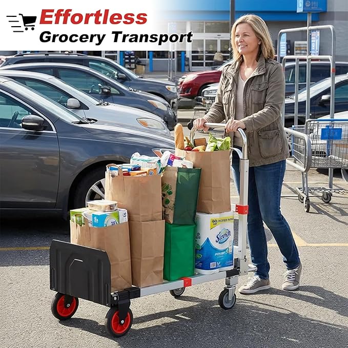 Folding Hand Truck Dolly, 500 lbs Heavy-Duty Convertible Cart, Aluminum Alloy Collapsible Design with Silent Rubber Wheels, Adjustable Handle, Flat Fold for Moving, Home, Office (red)