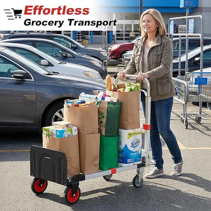 Folding Hand Truck Dolly, 500 lbs Heavy-Duty Convertible Cart, Aluminum Alloy Collapsible Design with Silent Rubber Wheels, Adjustable Handle, Flat Fold for Moving, Home, Office (red)