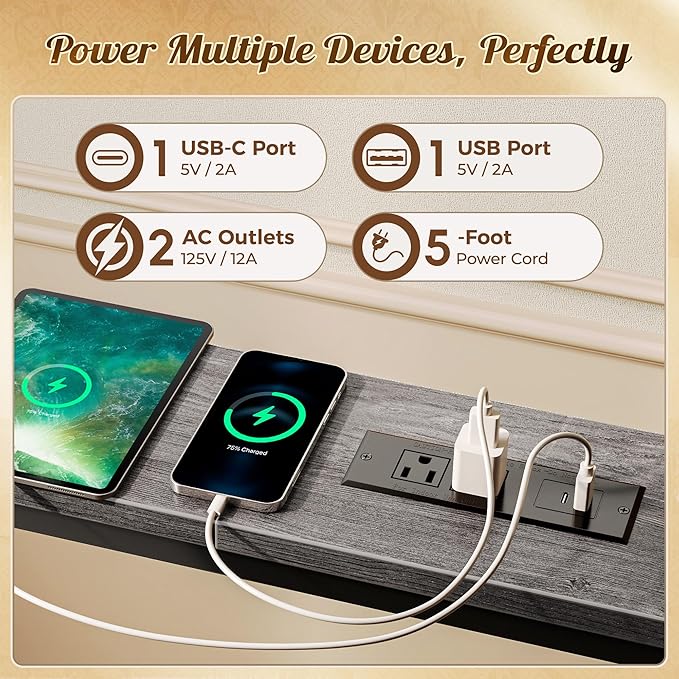 Huuger 118 Inch Sofa Table with Power Outlets and USB-C Ports, 5.9 Inch Narrow Entryway Table, Behind Couch Table with Storage, Extra-Long Console Table, Living Room, Grey