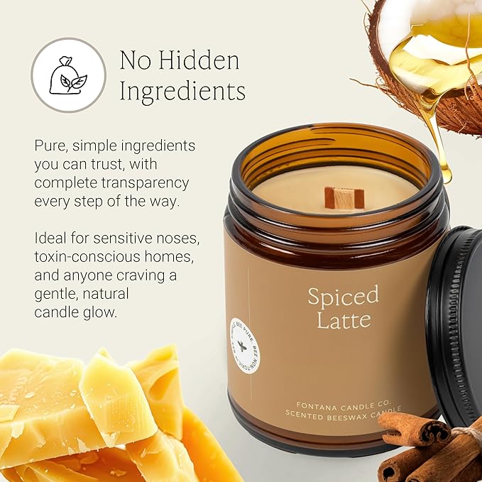 Fontana Candle Co Wood Wick Beeswax Jar Candles, Spiced Latte - Made with Coconut Oil & Pure Essential Oils – Clean Burn, Long Lasting and Non-Toxic Candles for Home & Room Decor