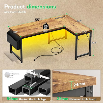 L Shaped Desk with 0.95 Inch Thicker Desktop & Storage Bag, Computer Desk with Power Outlets & Lights, Reversible Gaming Desk for Home Office, Corner Desk, Study Room, Living, Bedroom, Brown