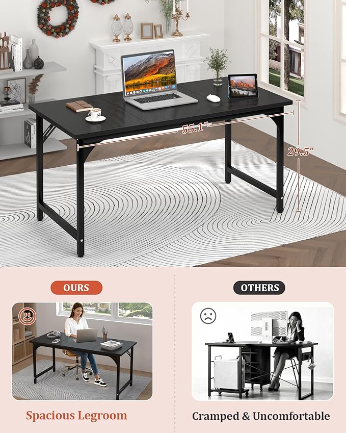 Computer Desk 55.1" Office Desk, Extra Wide 23.62” Carbon Fiber Deep Desktop, 0.59” Thick Heavy-Duty Home Office Desks, Office Table with Steel Frame, Wood Desk for Bedroom Study Writing Gaming Work