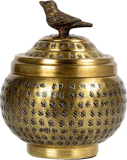 Round Hammered Metal Container with Bird Finial, Brass Finish