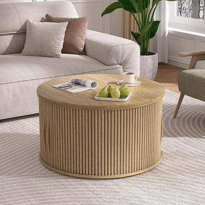 SULIVES Round Coffee Table with Lifting Top, Multifunctional Drum Coffee Table with Sliding Door, Small Fluted Center Table for Living Room, Oak