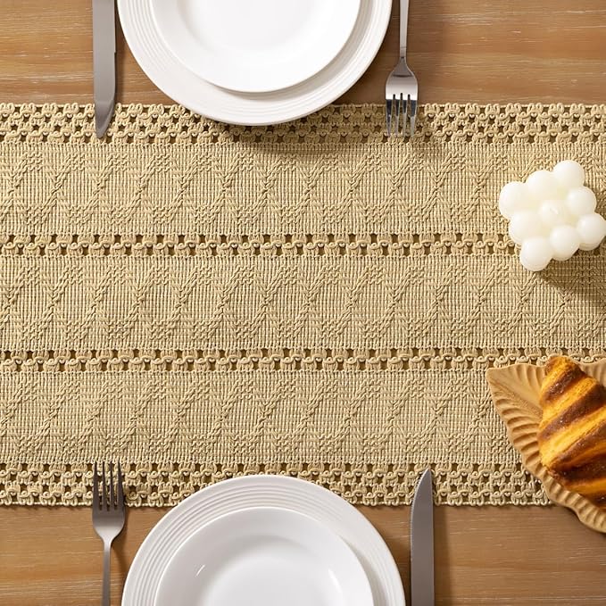 Socomi Boho Table Runner Macrame Long Valentine's Day Farmhouse Woven Cotton Linen Rustic Coffee Table Runner with Tassels for Dresser Scarf Home Decor Dining Room 12x108 inch Champagne