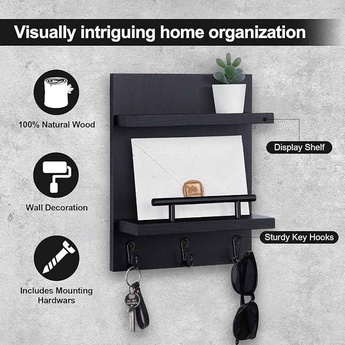 Key Holder Wall Mount, Mail Shelf Decor with 3 Key Hooks, Versatile Wood Wall Organizer for Entryway Hallway (8.2” x 10.6”x 3.6”) (Black)