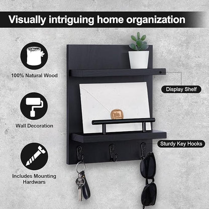 Key Holder Wall Mount, Mail Shelf Decor with 3 Key Hooks, Versatile Wood Wall Organizer for Entryway Hallway (8.2” x 10.6”x 3.6”) (Black)