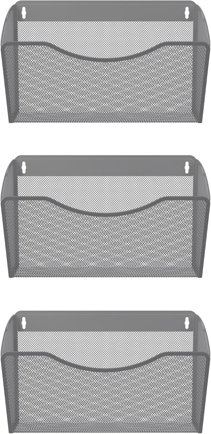 EasyPAG Wall File Organizer 3 Pack, Hanging File Organizer Wall Mount, Metal Mesh Folder Holder for Letter/A4 Papers, Mail Sorter for Office, Classroom, Home, Silver