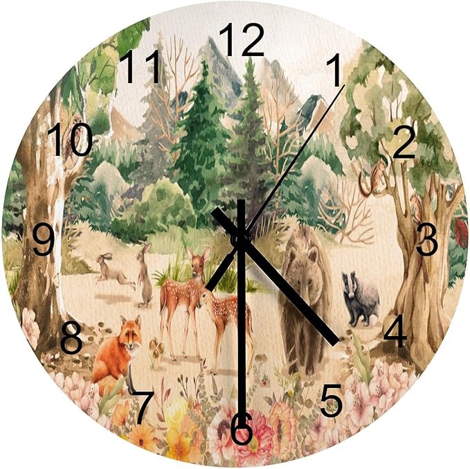 Forest Wood Wall Clock, Retro Mountain Forest Nature Tree Woodland Flower Animal Bear, Deer Pattern 12 Inch Silent Non-Ticking Battery Operated Round Clock for Bedroom Living Room Office Decor