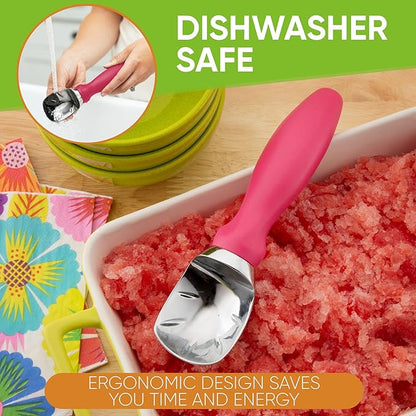 Spring Chef Pink Heavy Duty Ice Cream Scoop with Soft Grip Handle, Professional Ice Cream Scooper, Metal Icecream Spoon for Cookie Dough, Frozen Yogurt, Gelato, Melon - Dishwasher Safe Kitchen Tool