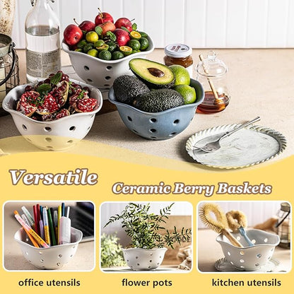 Gomakren Fruit Basket Set of 2, Ceramic Fruit Bowl Berry Basket with Holes, 7.6 Inch Fruit Containers Colander for Fridge - Farmhouse Kitchen Decor, Cream White