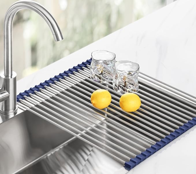 Tomorotec 17.7" x 15.5" Roll Up Dish Drying Rack Over Sink Drying Rack Sink Cover Kitchen Sink Accessories Gadget Multipurpose Organizer Foldable Stainless Steel Drainer
