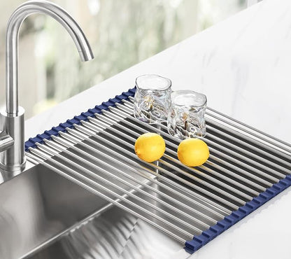 Tomorotec 17.7" x 15.5" Roll Up Dish Drying Rack Over Sink Drying Rack Sink Cover Kitchen Sink Accessories Gadget Multipurpose Organizer Foldable Stainless Steel Drainer