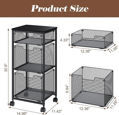 Sbanmao 3 Drawer Mobile File Cabinet for Home Office, Rolling Filing Cabinet on Lockable Wheels, Hanging File Folders Organizer, Utility Cart Storage and Organizer, Printer Stand, Black