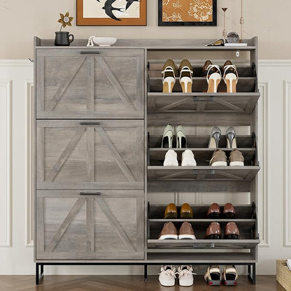 Shoe Cabinet with 6 Flip Drawers Narrow Shoe Storage Cabinet Organizer Wooden Freestanding Shoe Rack Hidden Slim Shoes Storage Cabinet for Entryway, Hallway, Living Room, Bedroom