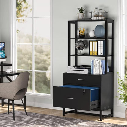 Tribesigns 2 Drawer Vertical File Cabinet with Lock & Bookshelf (Set of 2), Letter Size Large Modern Filing Cabinet Printer Stand with Open Storage Shelves for Home Office, Black