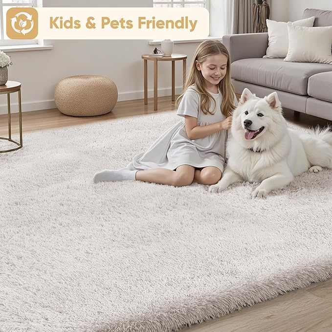 Area Rug for Living Room Bedroom: 9x12 White Soft Fluffy Shag Upgrade Non-Slip High Pile Carpet Large Fuzzy Plush Indoor Floor Decor Shaggy Rug for Kid Boys Girls Dorms Playroom Nursery Modern Home