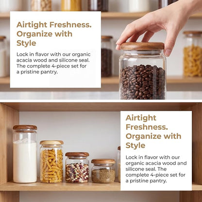 4-Pack Wide Mouth Mason Jars with Measuring Spoons, Acacia Wood Lids & Press Seal Design, No Plastic Parts, Dry Food Storage for Pantry, Spice & Kitchen Organization, 10/13/23/32 fl oz.