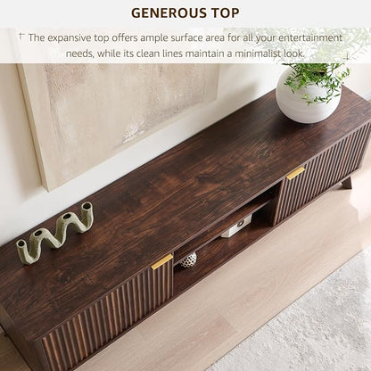 OKD 70" Mid Century Modern Fluted TV Stand, Entertainment Center, Sideboard, Media Console for Living Room with 2 Soft Close Door/Adjustable Shelves (Dark Walnut)