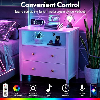 27 Inch Wide Night Stand, Large Wood Night Stand with 2 Drawers, LED Nightstand with Charging Station and Adjustable Drawer, Bedside Table for Living Room/Bedroom/Study/Office, White.