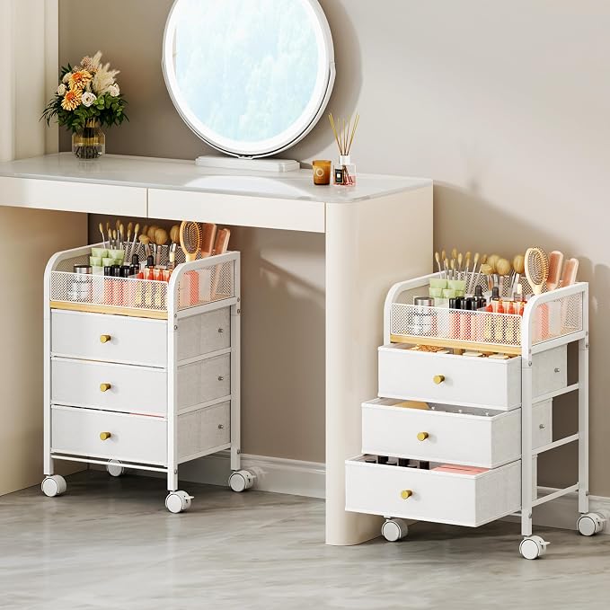 SWTYMIKI Rolling Makeup Organizer Cart - 14.96″*11.81″*23.03″ Widened Under Desk Vanity Storage with 3 Non-woven Drawers, Cosmetic Display Cases for Skin Care Perfume Nail Polish Brush Hair Tool White