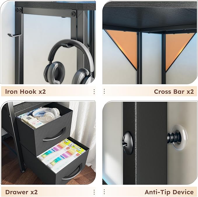 Corner Desk,35.4" W x 63" H Small Computer Desk and Office Desk with Hutch & LED Lights，Gaming Desk with Storage Drawers & Shelves and Hook for Small Space,Black