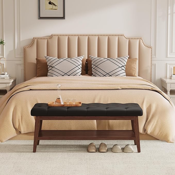 LEILISI Entryway Shoe Bench with Storage, End of Bed Bench, Microfiber Leather Upholstered Button-Tufted Seat Bench with Solid Wood Frame for Living Room, Bedroom (Black, 39.4'')