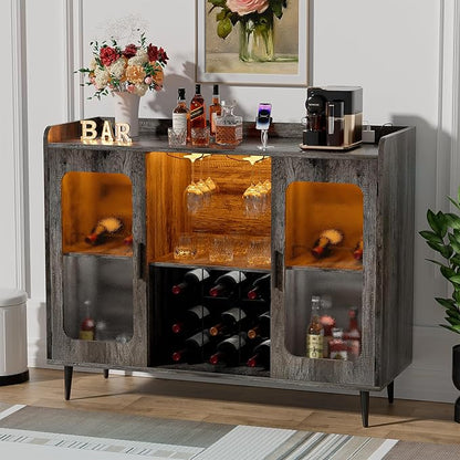 Liquor Cabinet Bar with Power Outlet & LED Light, Wine Bar Cabinet with Wine and Glasses Rack for Kitchen, Dining Room, Black Oak
