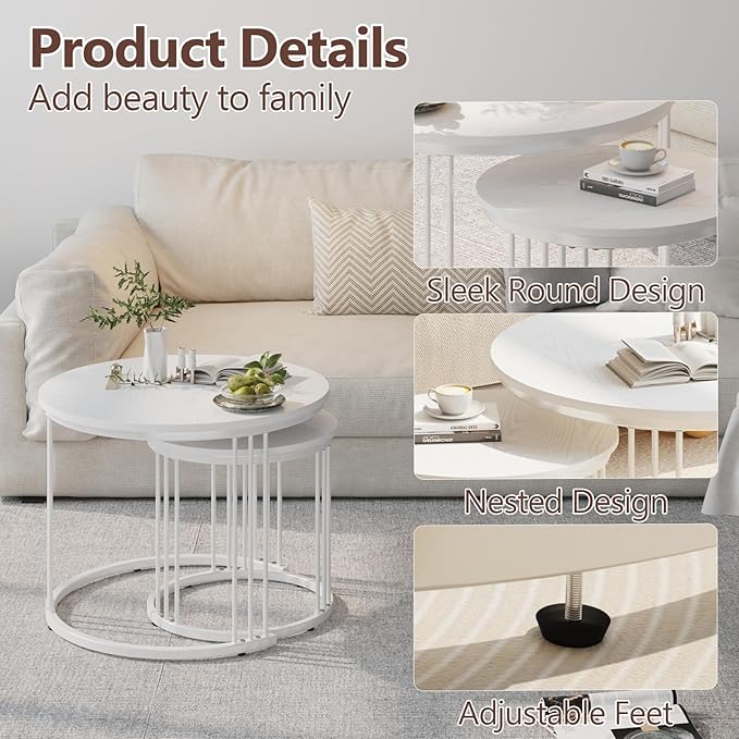 Garden 4 you Nesting Coffee Table, 23.6" Round Coffee Table Set of 2, Wooden Nesting Table with Metal Frame, Ceter Tables for Living Room Bedroom Balcony, White