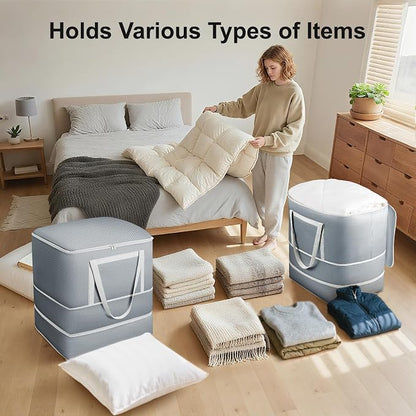 Comforter Storage Bag - 120L Bedding Storage Bags for Moving Closet, Washable Blanket Storage Bag, Ultra Space Saving Self Compression Organizer, 2-Pack, Grey