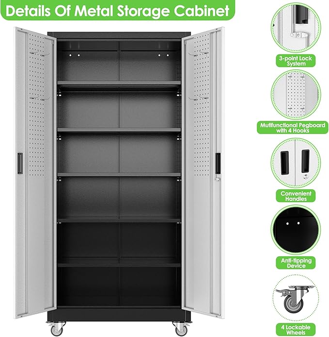 71" H×34" W×18" D Garage Storage Cabinet with Wheels, Lockable Metal Storage Cabinet with 5 Adjustable Shelves for Garage Warehouse Office Utility Room,Required Assembly,Black and Silver
