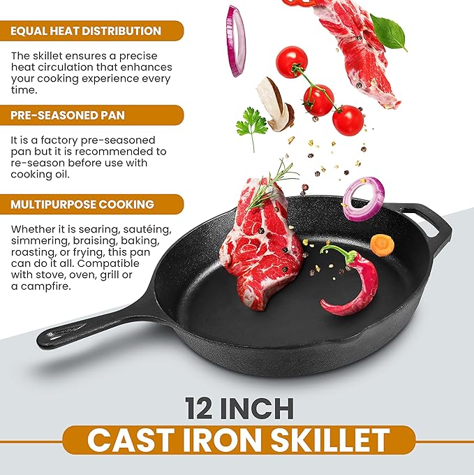 Utopia Kitchen Premium Saute Frying Pan 12 Inch, Cast Iron Chefs Pan, Pre Seasoned Cast iron Skillet With Lid, Safe Grill Cookware for Indoor & Outdoor Use, Black