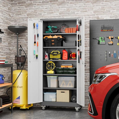 Aobabo Upgraded Garage Storage Cabinets with Wheels,Metal Storage Cabinets with 5 Adjustable Shelves for Garage Home Office Storage, Grey&White,71''H*32''W*16''D,Assembly Required