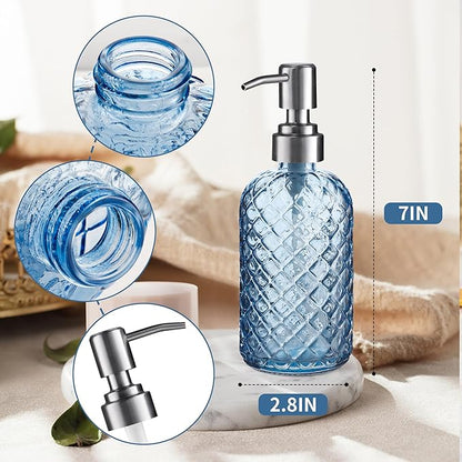 14 Oz Refillable Glass Soap Dispenser with Rust Proof Stainless Steel Pump, for Dispense Hand soap, Body wash, Lotion 2pack (Blue)