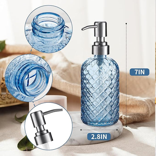 14 Oz Refillable Glass Soap Dispenser with Rust Proof Stainless Steel Pump, for Dispense Hand soap, Body wash, Lotion (Blue)