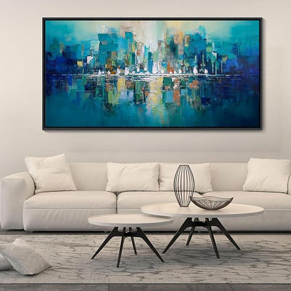 YDYSUNE Teal and White Abstract City Wall Art - Large Framed Canvas Painting, Contemporary Modern Wall Decor Picture & Artwork for Living Room, Office, Bedroom, Ready to Hang Size 29x58 Inch