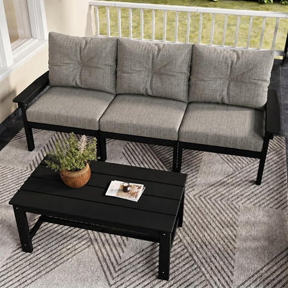HDPE Patio Sofa Set, 4-Piece Sectional Outdoor Patio Furniture Set, All Weather Outdoor Couch Set with Coffee Table & Grey Washable Thick Cushions for Balcony, Porch (Black Frame)