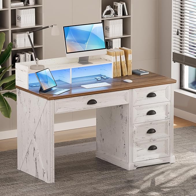 FREDEES Farmhouse Computer Desk with Monitor Stand, 47 in Home Office Desk with LED & Power Outlets, Executive Desk with Drawers for Working Gaming, Writing Table for Bedroom, Antique White